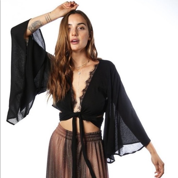 Eastnwest Label Tops - Eastnwest Black Cropped Tie Top Bat Sleeves Boho